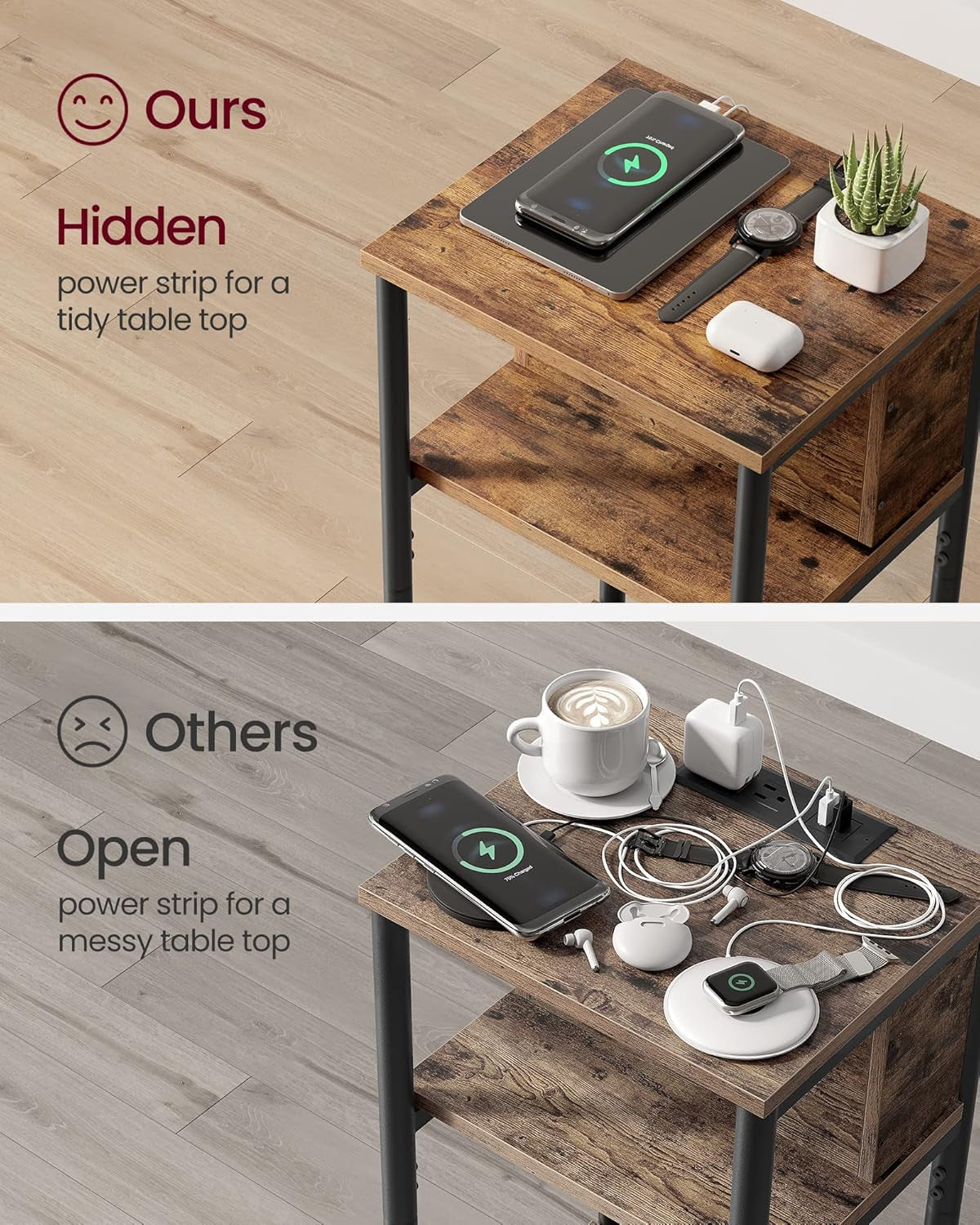 Side Table with Charging Station, 3-Tier End Table with USB Ports and Outlets, Nightstand for Living Room, Bedroom, 11.8 X 13.4 X 22.8 Inches, Plug-In Series, Misty Gray and Black