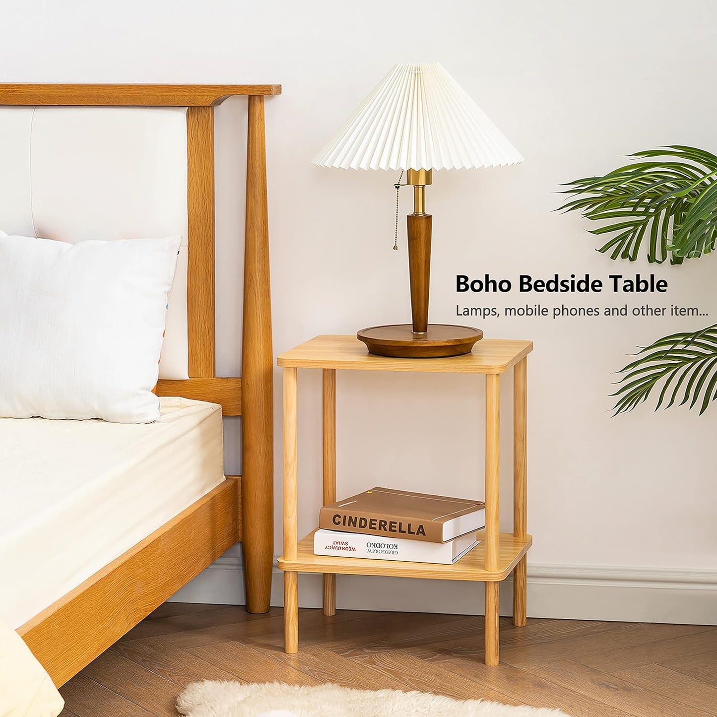 2 Tier End Table, Small Side Table with Solid Wood Legs, Boho Bedside Table with Storage Shelf, Nightstand for Small Spaces, Bedroom, Living Room, Entryway, Farmhouse, Easy Assembly, Natural