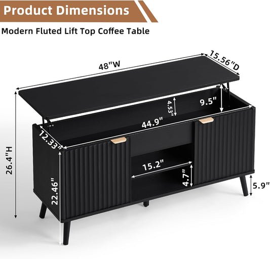 48" Fluted Lift Top Coffee Table with Hidden Storage & Adjustable Shelves, Lifting Tabletop Large Rectangular Coffee Tables, Mid Century Modern Wood Center Table for Living Room,Black