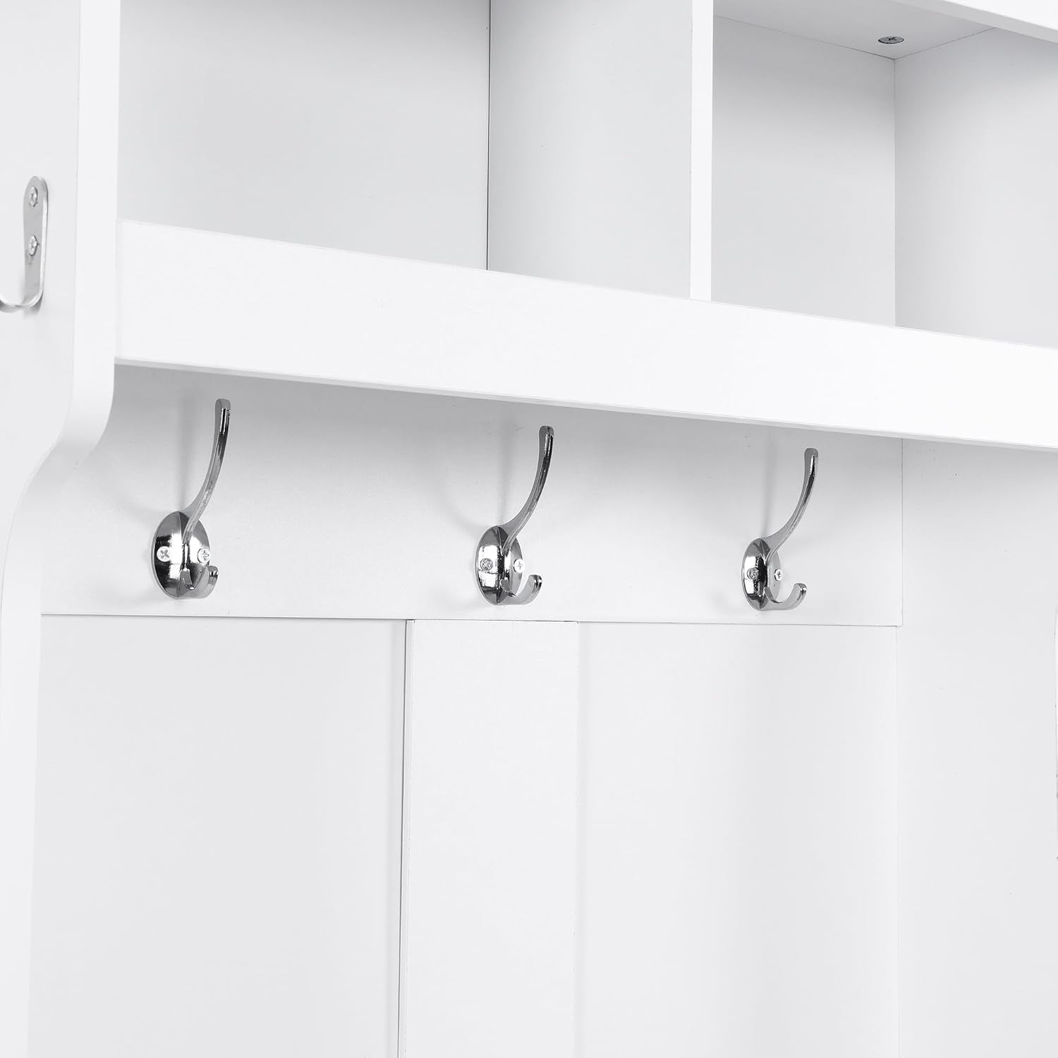 Minimalist Slim Hall Tree with Shoe Bench and 6 Hanging Hooks,Multi-Functional Entryway Coat Rack with Cabinet,Tall Hall Tree for Hallway,Living Room(White)