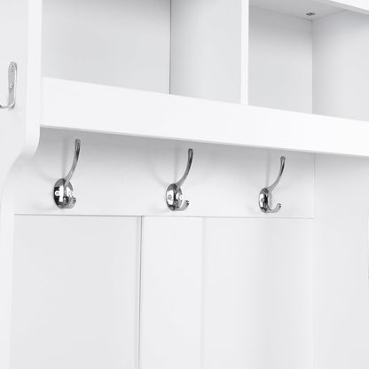 Minimalist Slim Hall Tree with Shoe Bench and 6 Hanging Hooks,Multi-Functional Entryway Coat Rack with Cabinet,Tall Hall Tree for Hallway,Living Room(White)