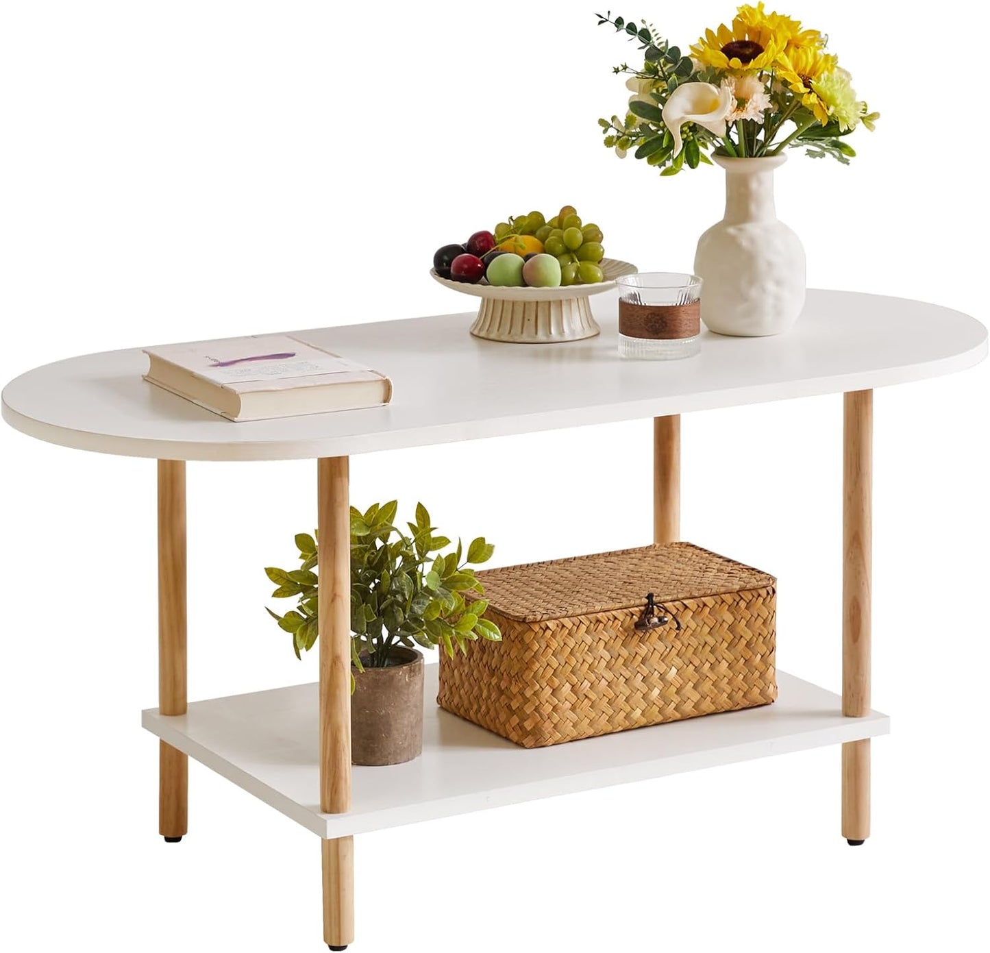 Oval Coffee Table White, Small Wooden Coffee Table for Small Space, Tea Table Stand 35 * 16 * 17 Inches, 2 Tier Center Table for Living Room White YD-012W