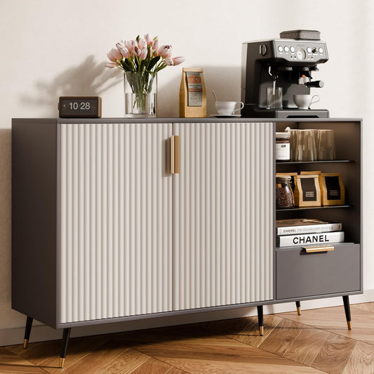 47" Wide Fluted Sideboard Cabinet with 2 Doors and Drawer, Sideboard Buffet Cabinet with Storage, Coffee Bar for Kitchen, Living Room, Entryway, 47.2" Wx15.7 Dx31.5 H,Grey
