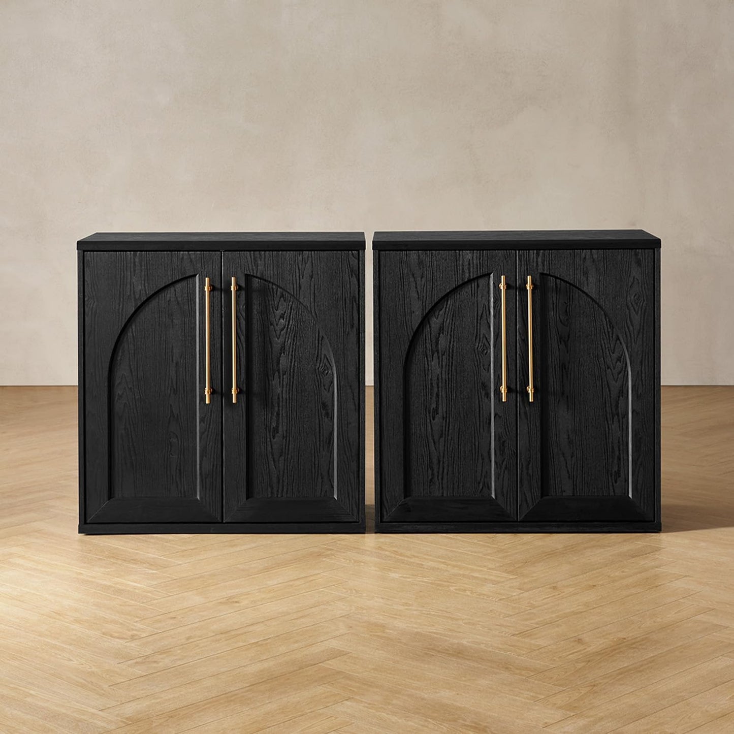 Blake Storage Cabinet, Small Modular Accent Display Sideboard Buffet Cabinet with Storage, Media Console Credenza, for Kitchen, Coffee Bar, Pantry, Living Room (Black Oak Arched, Set of 2)