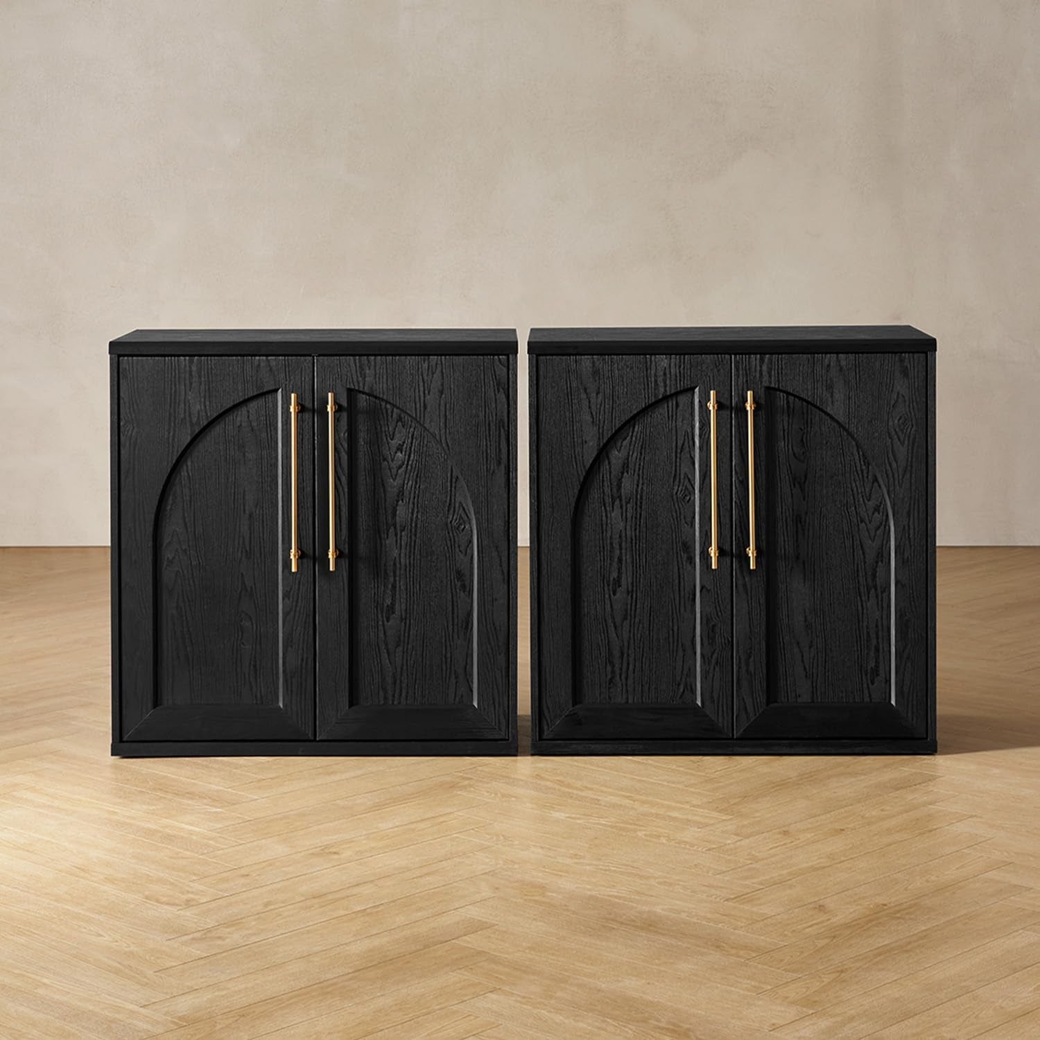 Blake Storage Cabinet, Small Modular Accent Display Sideboard Buffet Cabinet with Storage, Media Console Credenza, for Kitchen, Coffee Bar, Pantry, Living Room (Black Oak Arched, Set of 2)