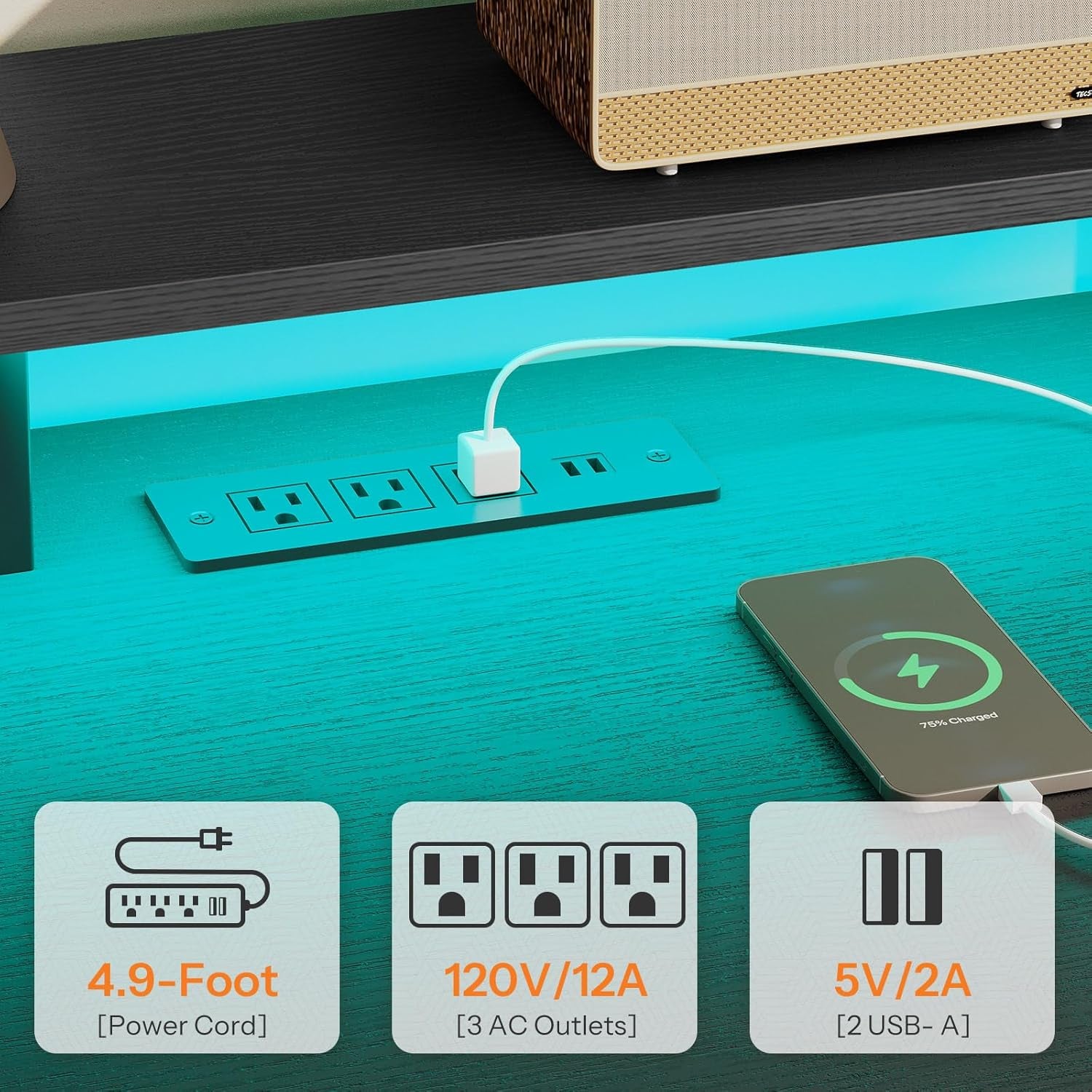 47 Inch Gaming Desk with LED Lights & Power Outlets, Computer Desk with Monitor Stand and Drawers, Gaming Table with Storage Shelves for Home Office, Study, Working, Black BB47UDDN01