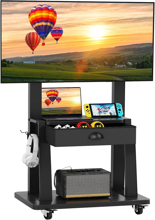 Mobile TV Cart with Drawer,For 23-75 Inch Flat/Curved Screen up to 120Lbs,Adjustable Height Rolling Tvs Floor Stand with 2 Tiers Shelves,Locking Wheel,For Indoor Outdoor,Max VESA 600X400Mm,Black