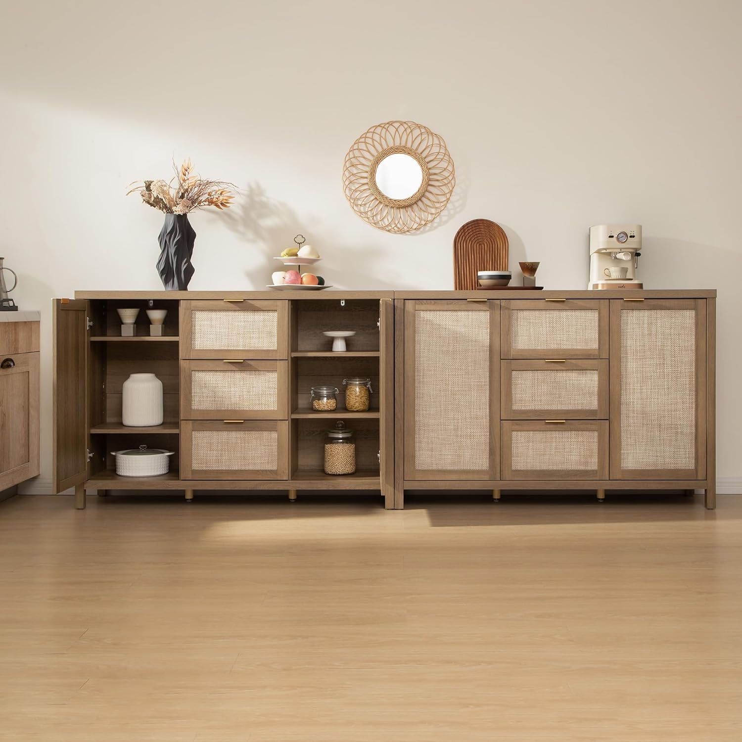 Rattan Sideboard Buffet Cabinet with Storage - 52" Larger Farmhouse Credenza Storage Coffee Bar Cabinet with 3 Drawers & 2 Doors, Boho Console Table for Living Room, Kitchen, Caramel Oak