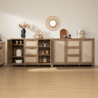 Rattan Sideboard Buffet Cabinet with Storage - 52" Larger Farmhouse Credenza Storage Coffee Bar Cabinet with 3 Drawers & 2 Doors, Boho Console Table for Living Room, Kitchen, Caramel Oak