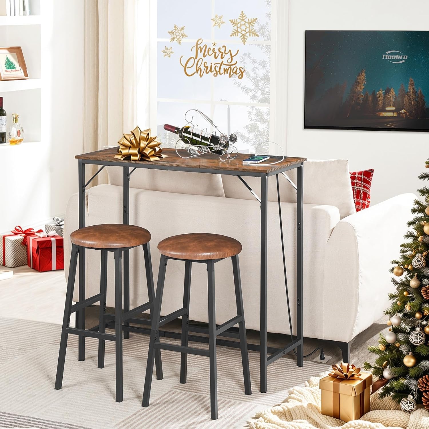 Bar Table with Charging Station, Rectangular Pub Table, High Top Coffee Table, Counter Bar Height Table, Narrow Long Dining Table, 35.4" L X 15.7" W X 35.6" H, Rustic Brown and Black BF90UBT01