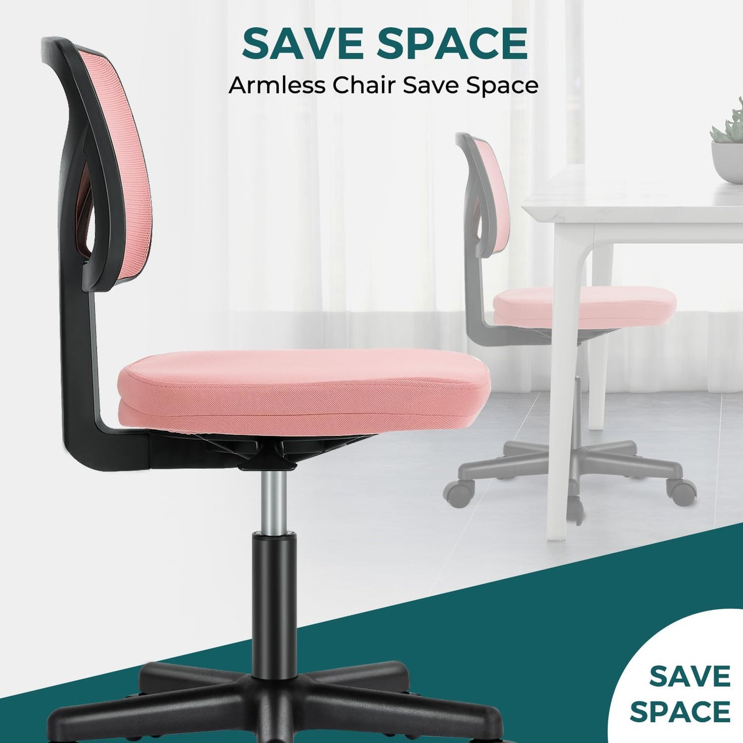 Armless Desk Chairs with Wheels, Ergonomic Adjustable Home Office Swivel Rolling Task Chair No Arms, Comfy Mesh Mid Back Computer Work Vanity Desk Seat for Small Spaces, Light Pink