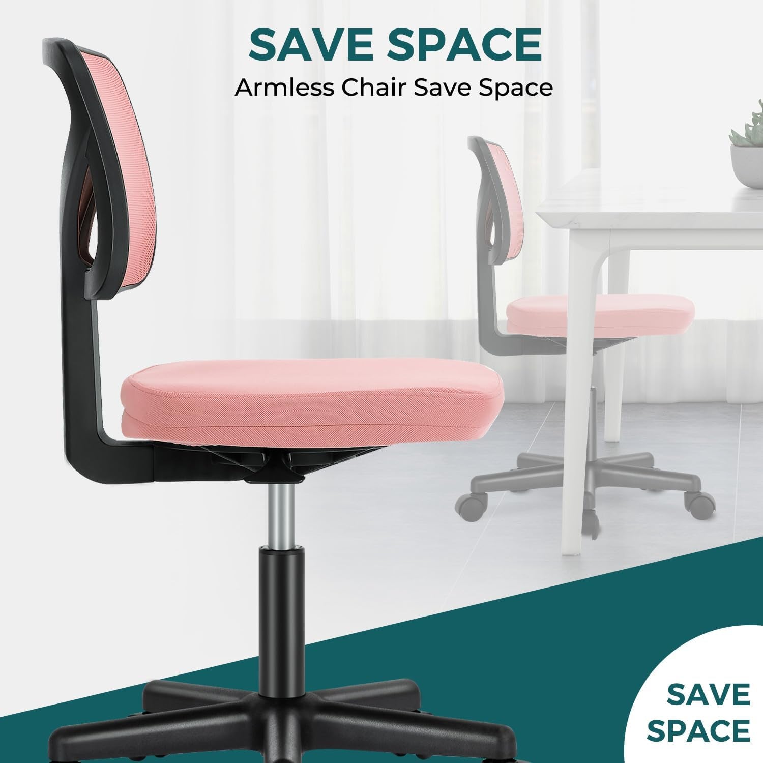Armless Desk Chairs with Wheels, Ergonomic Adjustable Home Office Swivel Rolling Task Chair No Arms, Comfy Mesh Mid Back Computer Work Vanity Desk Seat for Small Spaces, Light Pink