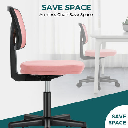 Armless Desk Chairs with Wheels, Ergonomic Adjustable Home Office Swivel Rolling Task Chair No Arms, Comfy Mesh Mid Back Computer Work Vanity Desk Seat for Small Spaces, Black