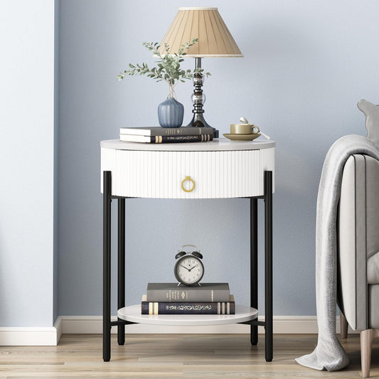 round End Table with Drawer, Modern 2 Tier Nightstand with Shelf, Small Side Table with Sintered Stone Tabletop for Living Room, Bedroom, Dorm, and Office, Marbling Natural Stone/White