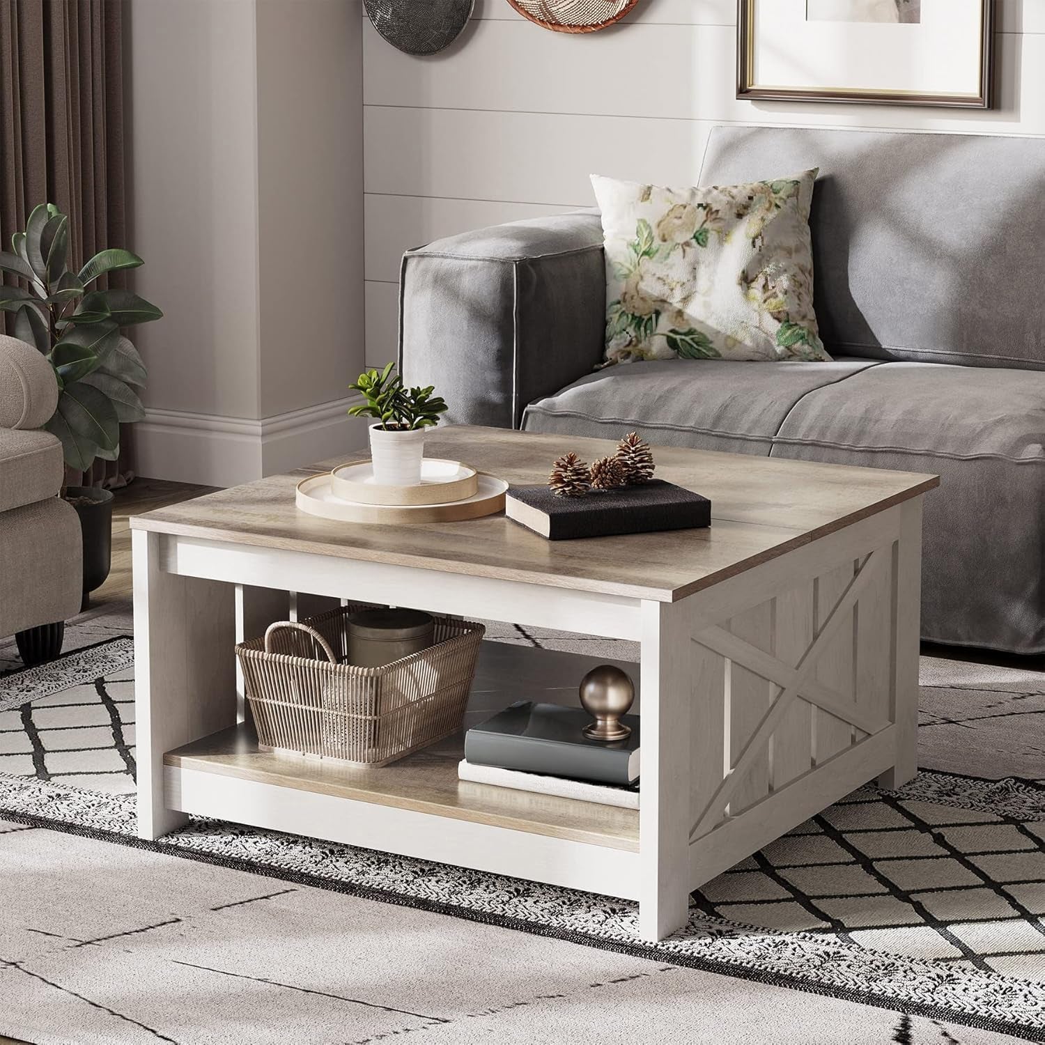 Coffee Table Farmhouse Coffee Table with Storage Rustic Wood Cocktail Table, Square Coffee Tables for Living Meeting Room with Half Open Storage Compartment, Grey Wash