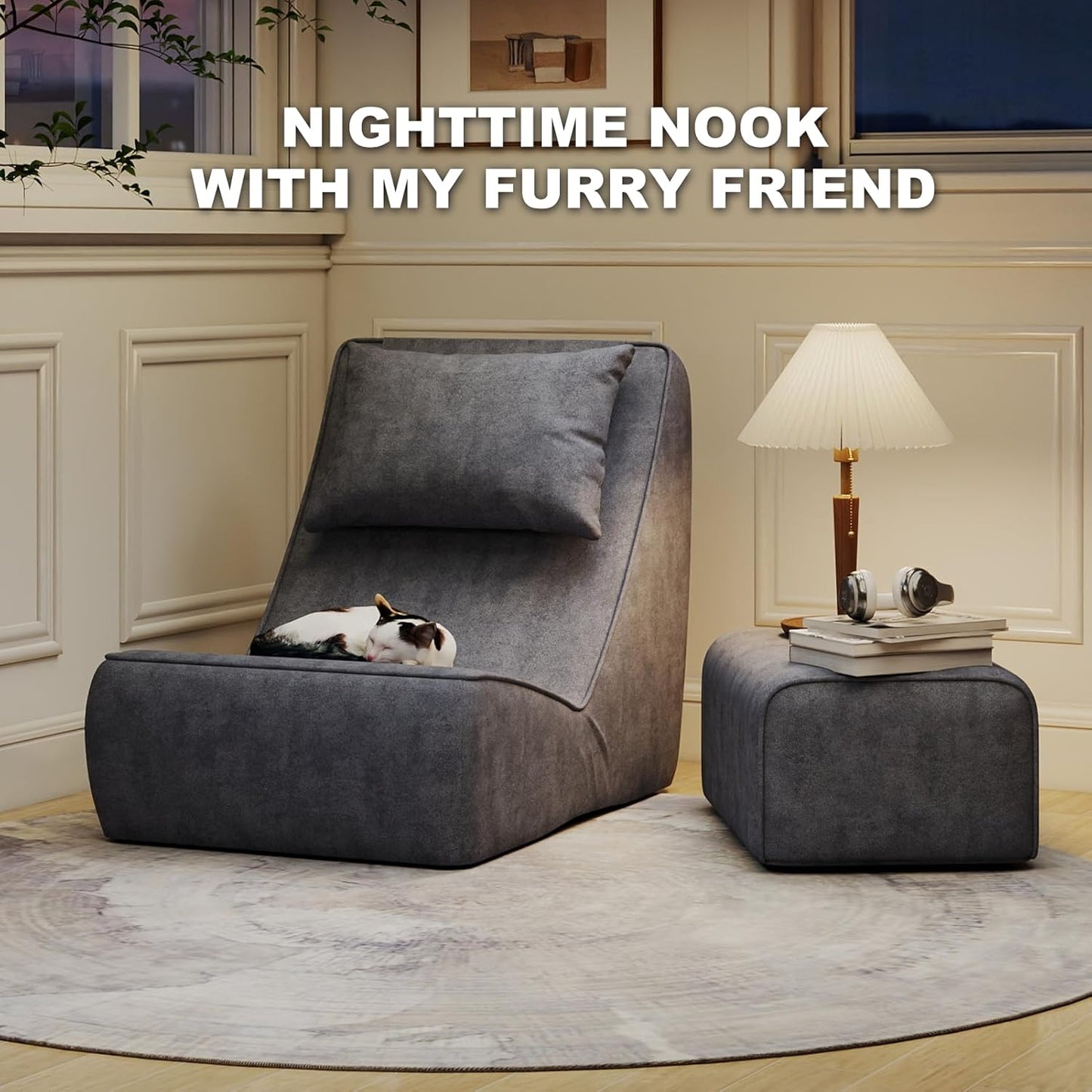 Giant Bean Bag Chair for Adults - Indoor Chaise Lounge with Neck Pillow & Ottoman, All-In-One Sponge Design, Comfy Floor Chair for Reading, Gaming, Napping, and Movies (Slategray)