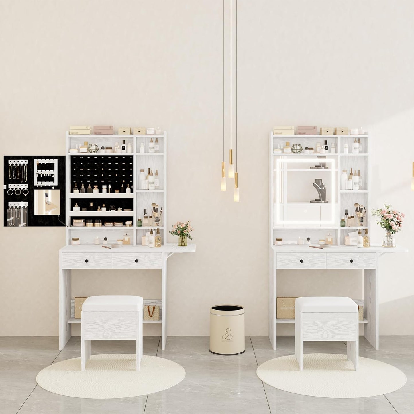 Vanity Desk with Mirror and LED Lights, Jewelry Cabinet, Makeup Dressing Table Set with Drawers, Storage Shelves, for Bedroom, 65.3 H White