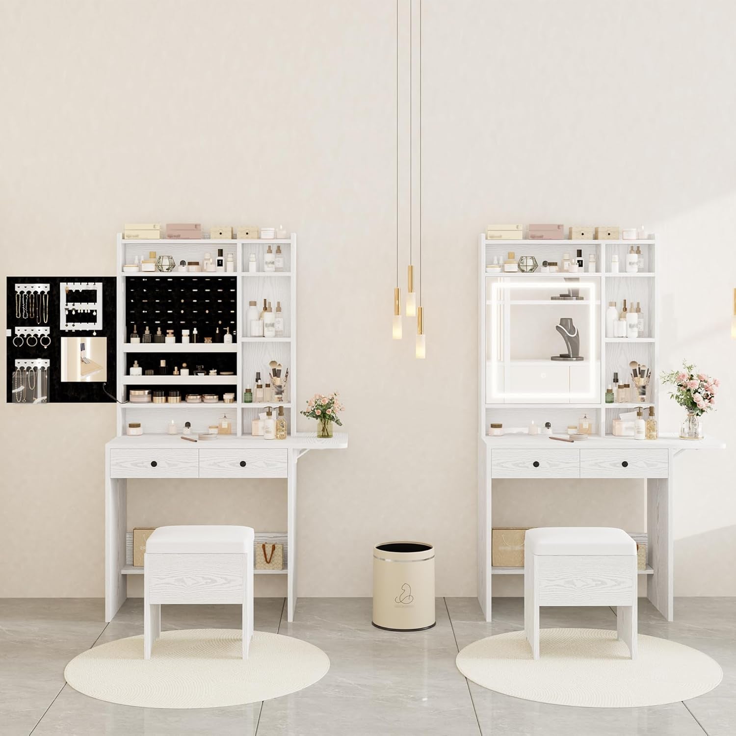 Vanity Desk with Mirror and LED Lights, Jewelry Cabinet, Makeup Dressing Table Set with Drawers, Storage Shelves, for Bedroom, 65.3 H White