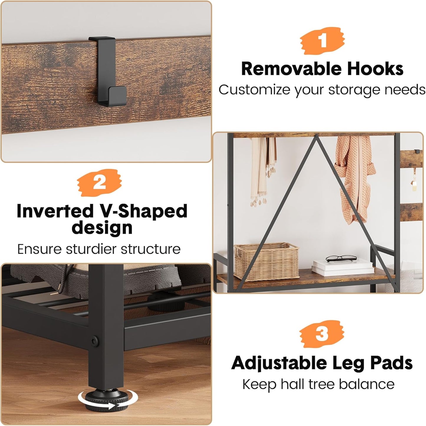 Hall Tree with Bench and Shoe Storage Parent-Child Coat Rack Shoe Bench Industrial Coat Tree Entryway Large Organizer with Shoe Rack, Storage Cubbies, Hooks, and Top Shelf