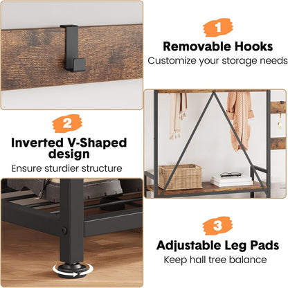 Hall Tree with Bench and Shoe Storage Parent-Child Coat Rack Shoe Bench Industrial Coat Tree Entryway Large Organizer with Shoe Rack, Storage Cubbies, Hooks, and Top Shelf
