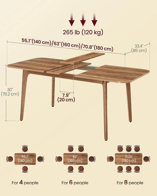 Dining Table for 4/6/8, Extendable Kitchen Table with Tapered Legs, Curved Transitions, for Dining Room, Kitchen, Home Office, Honey Brown UKDT090K01V1