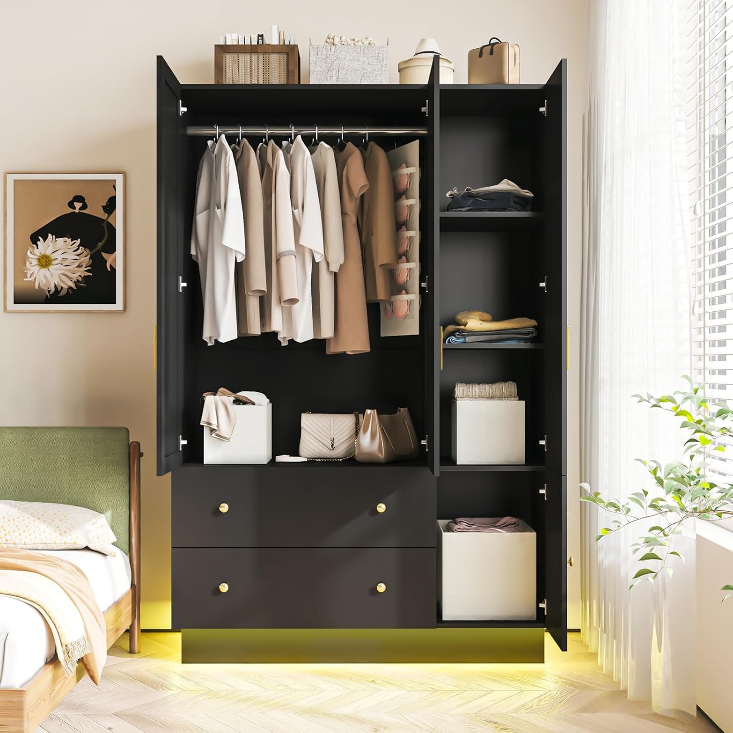 3 Doors Armoire Wardrobe Closet with Mirror & Organizers, LED Wooden Bedroom Armoires with Hanging Rod for Bedroom, Black