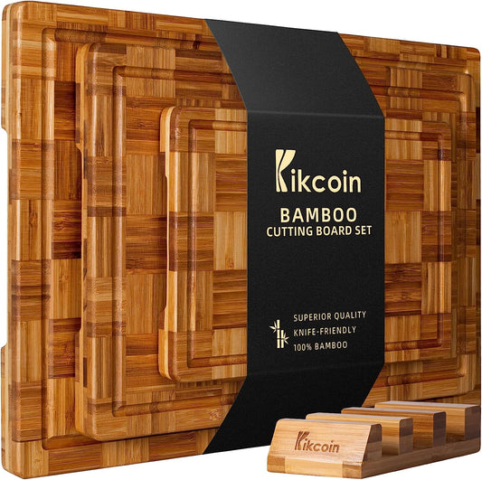 Extra Large Bamboo Cutting Boards, (Set of 3) Chopping Boards with Juice Groove Bamboo Wood Cutting Board Set Butcher Block for Kitchen, End Grain Serving Tray