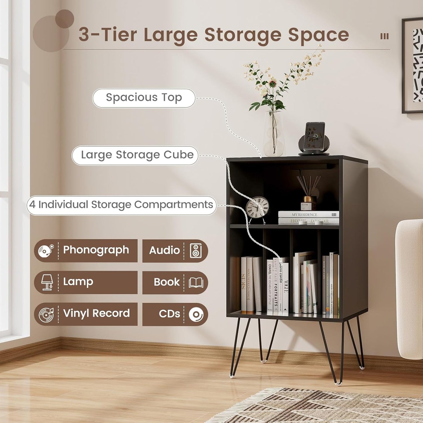 Record Player Stand with Charging Station, Turntable Cabinet with Metal Legs, Vinyl Record Storage Cabinet Holds up to 150 Albums for Living Room, Bedroom (Black)