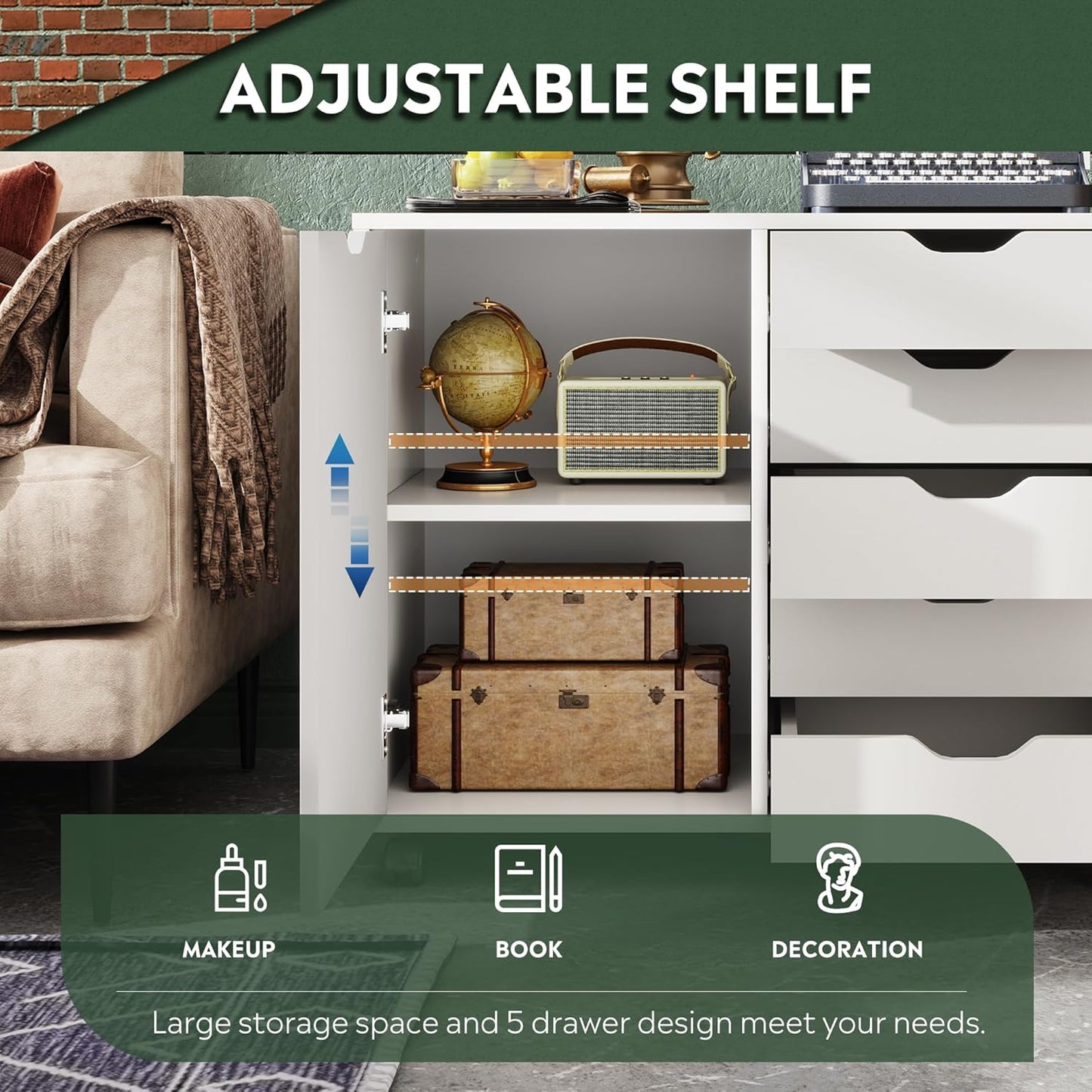 5-Drawer Wood Drawer Cabinet, Office Storage Cabinet with Adjustable Shelf & Wheels, Printer Stand for Home Office, White