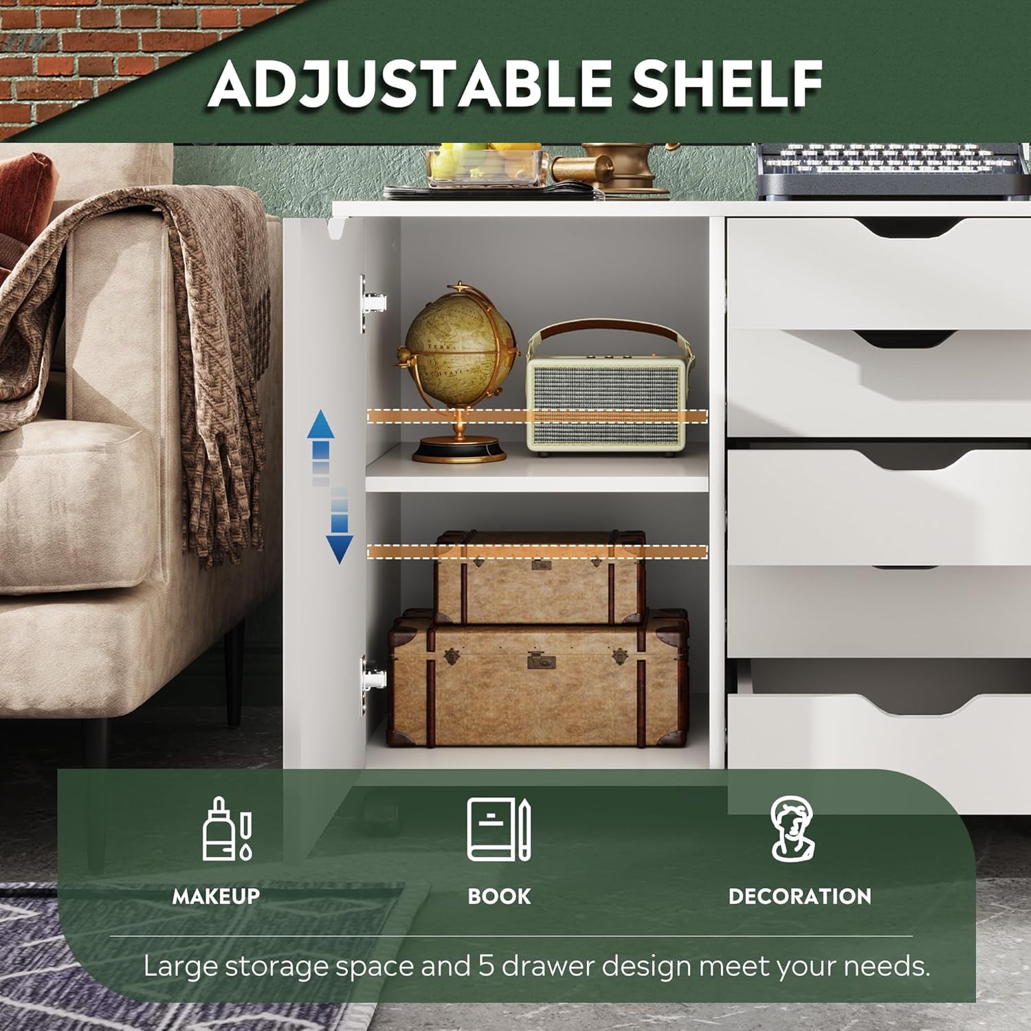 5-Drawer Wood Drawer Cabinet, Office Storage Cabinet with Adjustable Shelf & Wheels, Printer Stand for Home Office, White