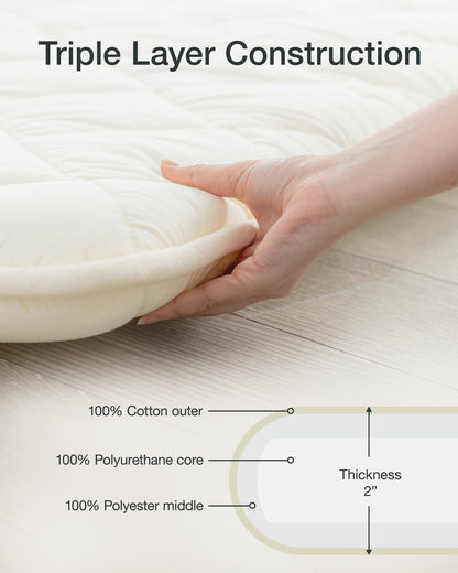 Japanese Futon, Twin Size, White - Foldable Shikibuton Floor Bed - Medium Firm Quilted Cotton Sleeping Pad, Portable Roll-Up Japanese Floor Bed for Guests & Small Spaces
