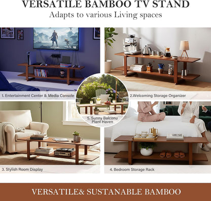 TV Stand with Storage for Tvs up to 65'', Bamboo TV Console Entertainment Center with 2 Open Shelf, Mid Century Modern Media Console for Living Room, Bedroom, Walnut