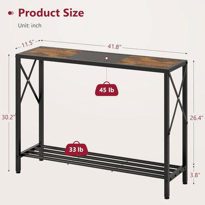 Console Table 41.8”, 2-Tier Industrial Entryway Table, Narrow Entrance Sofa Table with Shelves, Hallway, Living Room, Foyer, Corridor, Office, Rustic Brown and Black