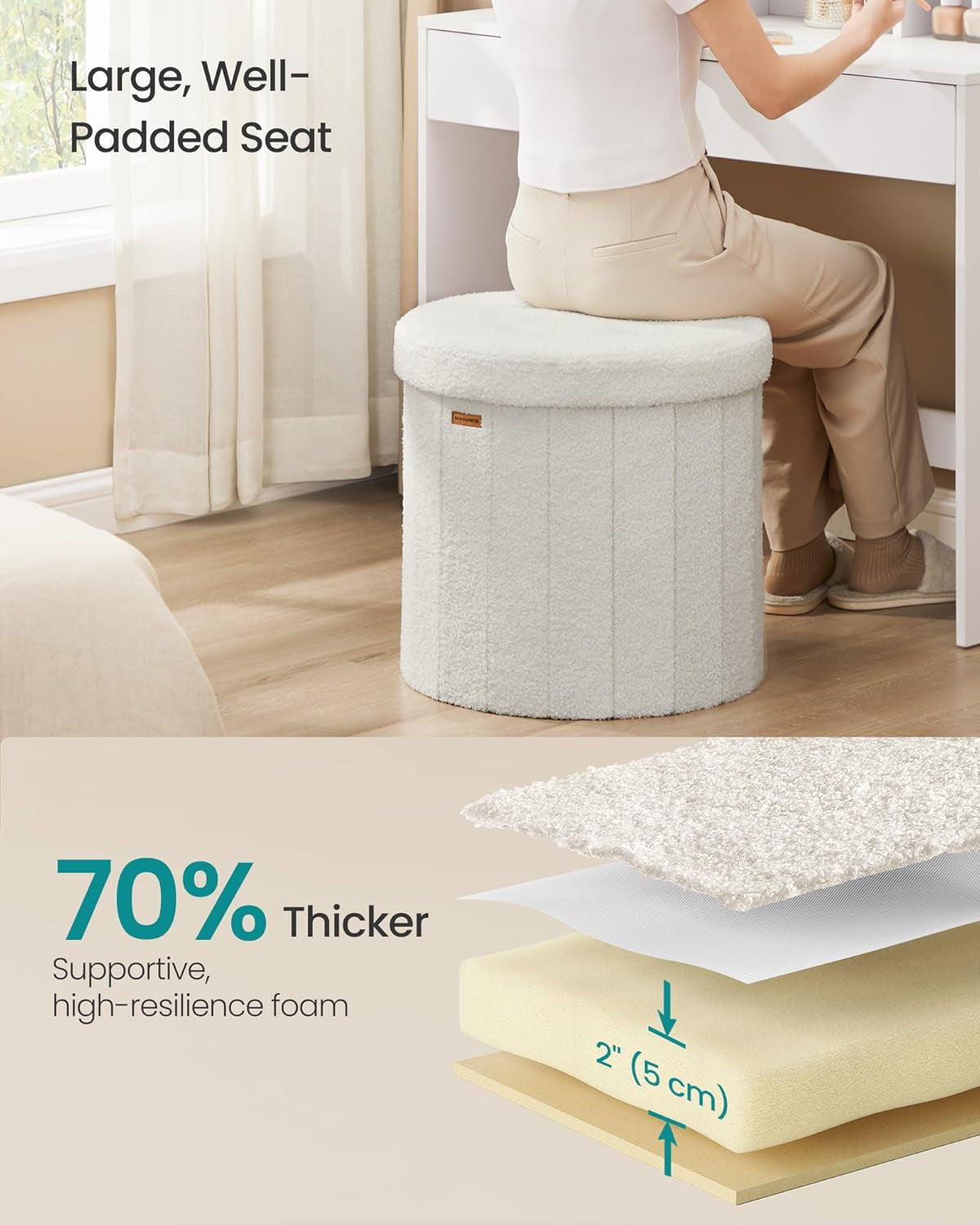 Mazie Collection - round Storage Ottoman, Folding Footrest Stool with Removable Lid, Easy Assembly, Teddy Fleece Vanity Stool for Bedroom, Living Room, Entryway, Cream White ULSF606W01