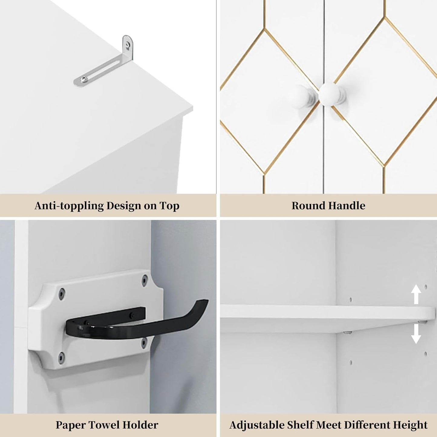 over the Toilet Storage Cabinet with Gold Trim,Modern Bathroom Cabinet over Toilet with Adjustable Shelves and Toilet Paper Holder,Over Toilet Organizer Space Saver for Bathroom (White)