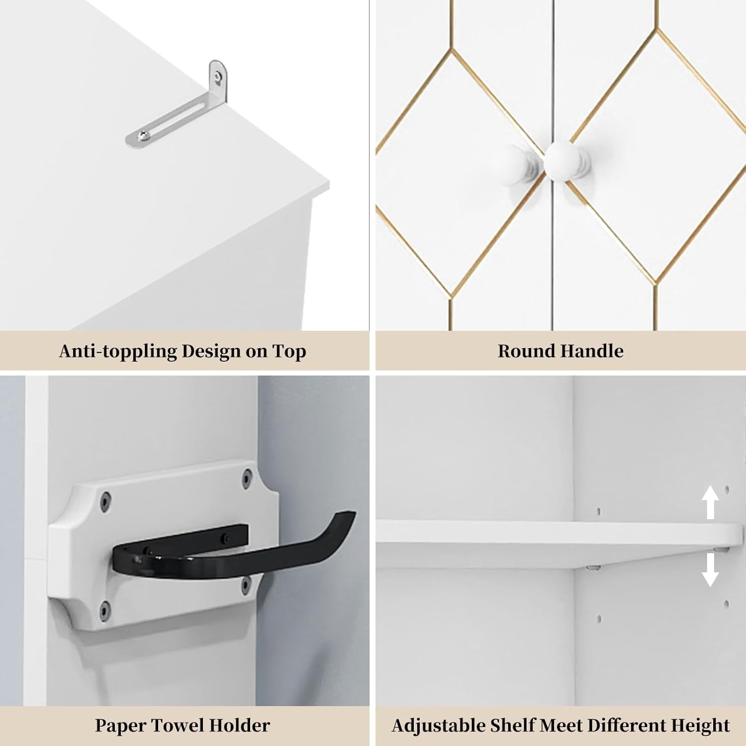 over the Toilet Storage Cabinet with Gold Trim,Modern Bathroom Cabinet over Toilet with Adjustable Shelves and Toilet Paper Holder,Over Toilet Organizer Space Saver for Bathroom (White)