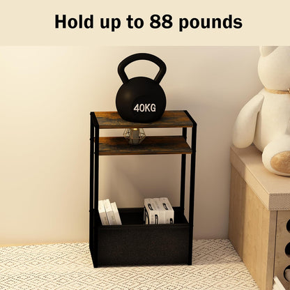 Narrow Side Table 15.7" - Slim Bedside Table with Storage Shelf & Basket, Space-Saving End Table for Studio/Dorm/Apartment, Modern Design Easy Assembly