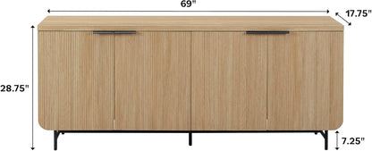 Reema Fluted 4-Door Kitchen Sideboard Buffet Console, 69 Inch, Coastal Oak