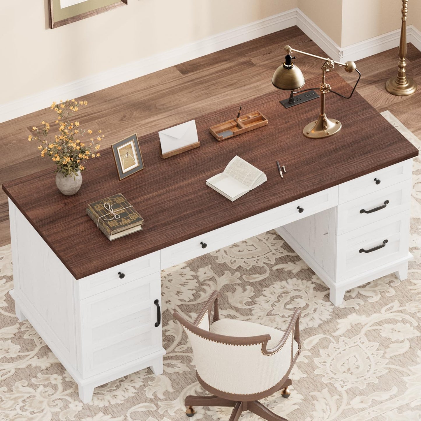 Executive Desk with File Drawers, Farmhouse Home Office Desk with Charging Station, 60 in Wooden Computer Desk with Cabinet Storage for Work Study Writing, White Walunt