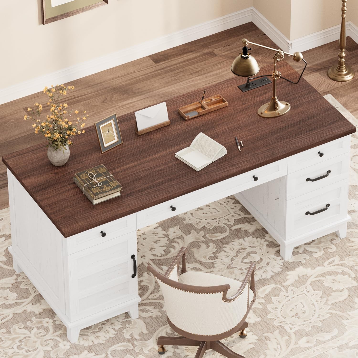 Executive Desk with File Drawers, Farmhouse Home Office Desk with Charging Station, 60 in Wooden Computer Desk with Cabinet Storage for Work Study Writing, White Walunt