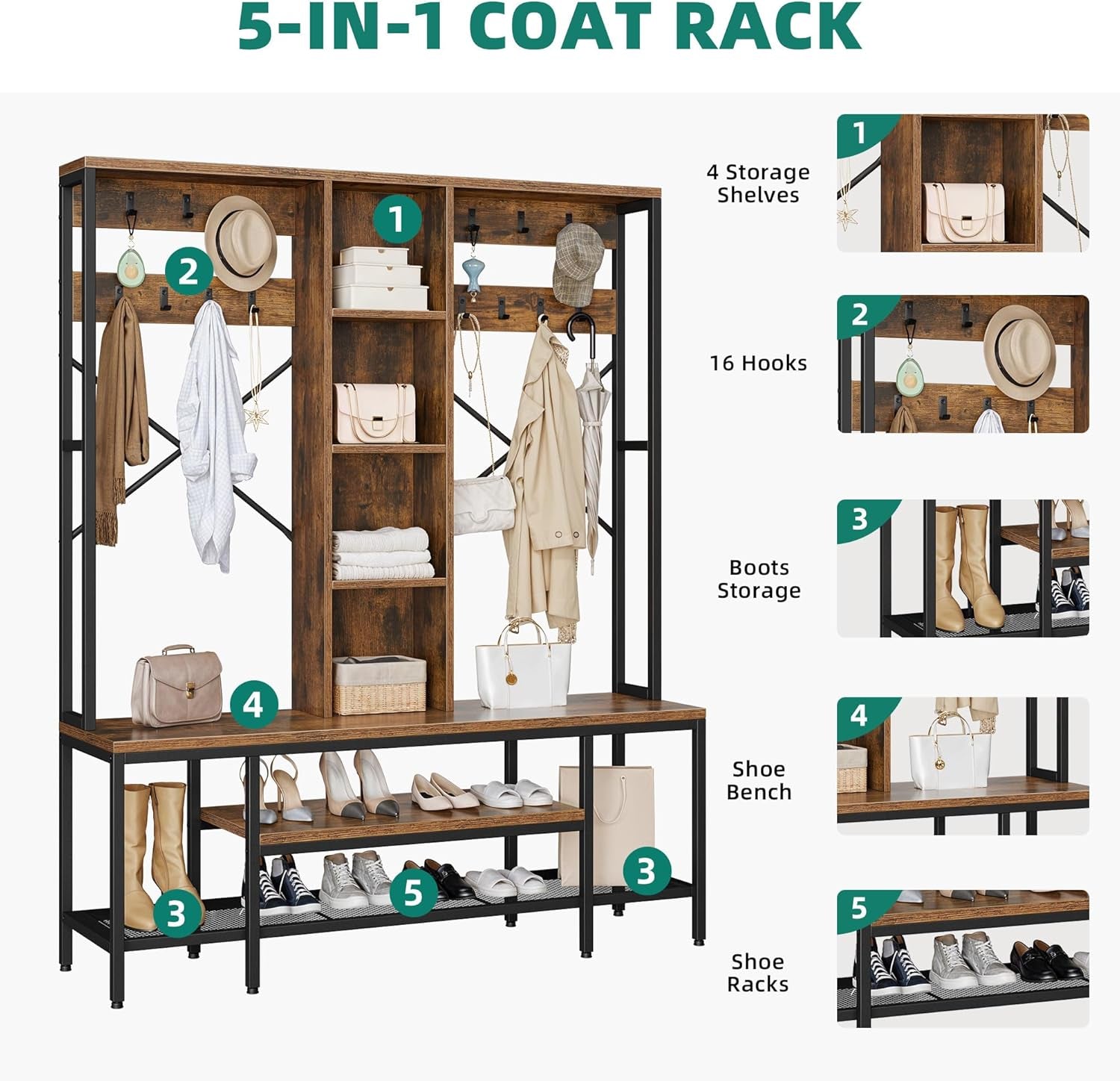 Farmhouse Entryway Bench with Coat Rack 59", 5-In-1 Hall Tree with Bench and Shoe Storage for Entrance, Living Room, Bedroom, Rustic Brown
