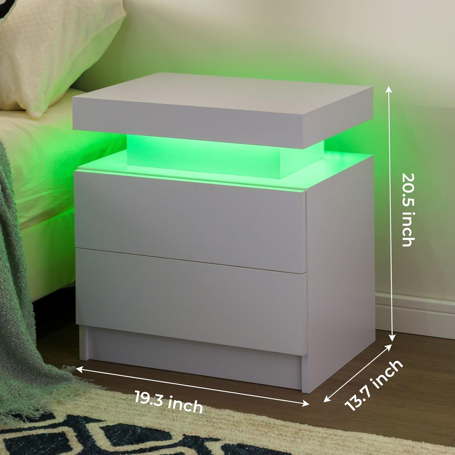 Nightstand Set of 2 LED Nightstand with 2 Drawers,Night Stand Set 2 with LED Light,Bedside Table with Drawers for Bedroom,White