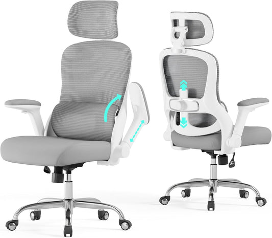 Ergonomic Office Chair - Computer Desk Chairs Comfy, Mesh High-Back Gaming Chair with Adjustable Lumbar Support, Executive Task Chair for Adults, Comfortable for Long Hours (White Grey)
