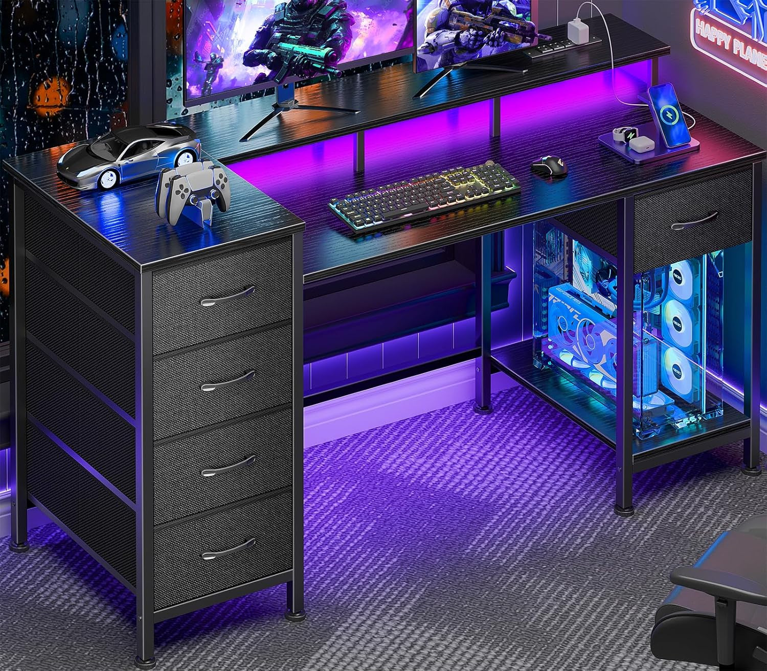 47 Inch Computer Desk with 5 Fabric Storage Drawers,Gaming Desk with Power Outlets & LED Lights,Reversible Home Office Desk with Monitor Stand for Working Writing Study, Black