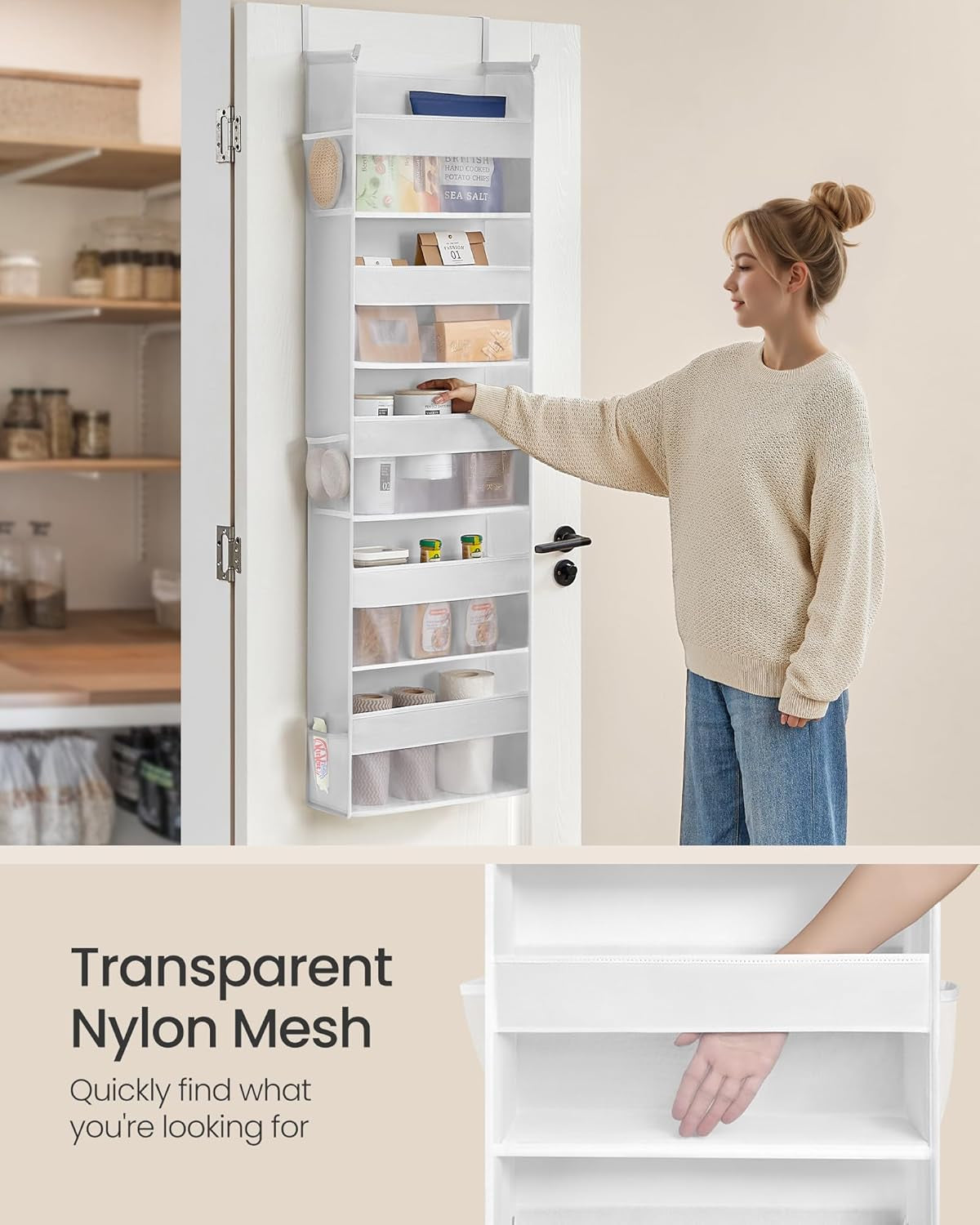 over the Door Organizer, Hanging Door Organizer with 5 Large Pockets, 5-Tier Fabric Storage, Transparent Nylon Mesh, Foldable, Metal Hooks, with Side Pouches, Cloud White URDH007W01