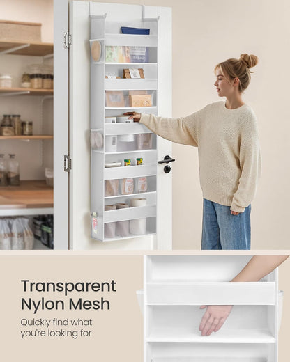over the Door Organizer, Hanging Door Organizer with 5 Large Pockets, 5-Tier Fabric Storage, Transparent Nylon Mesh, Foldable, Metal Hooks, with Side Pouches, Cloud White URDH007W01