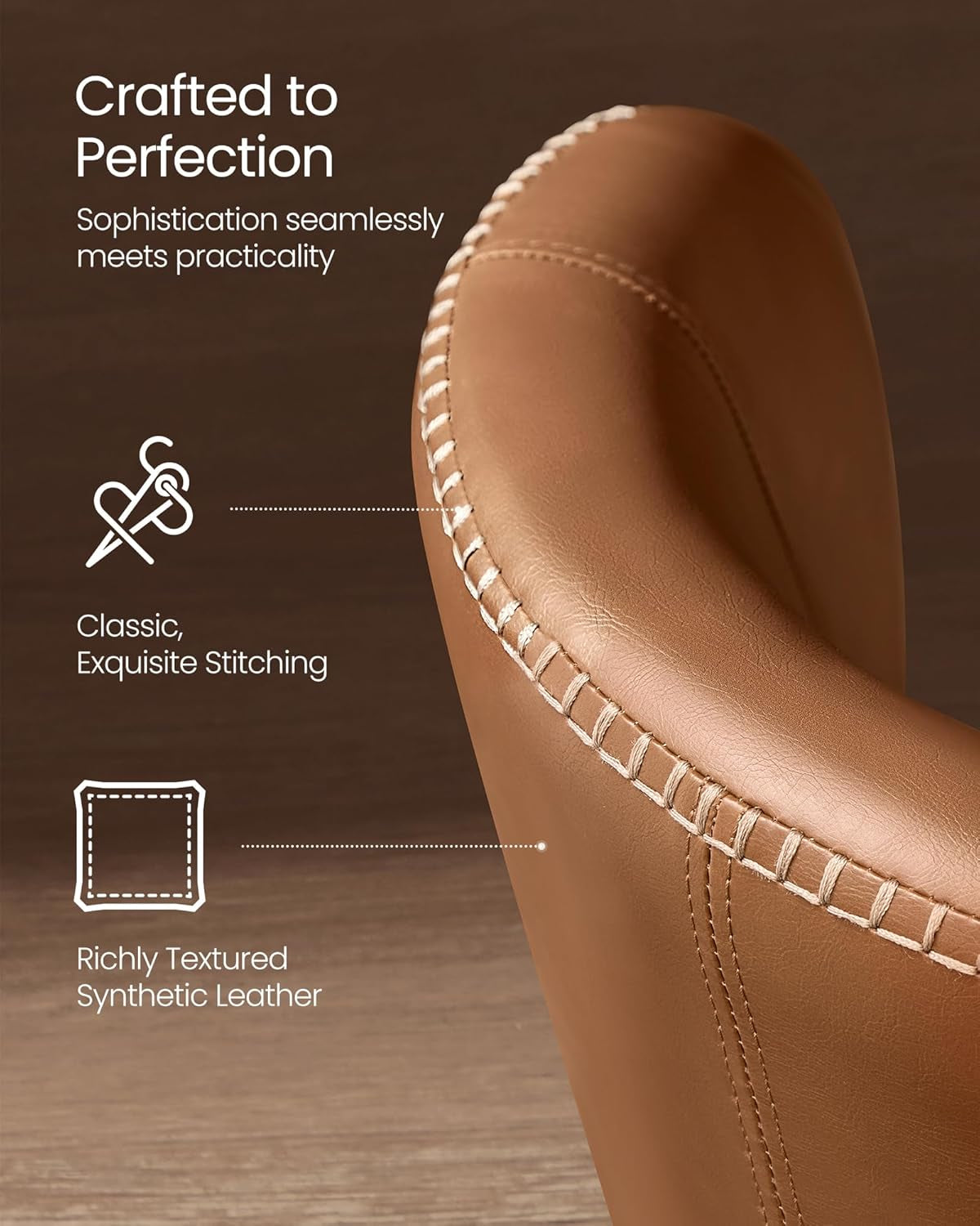 EKHO Collection - Dining Chairs Set of 2, Upholstered Kitchen Chairs, Comfortable Seat, Synthetic Leather with Stitching, Mid-Century Modern, Easy Assembly, Living Room Lounge, Caramel Brown