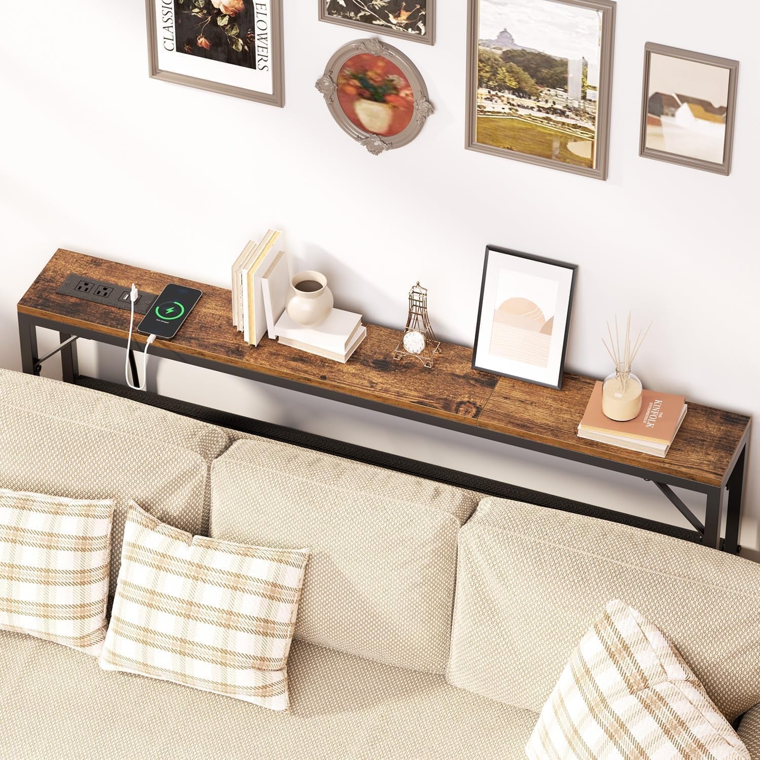 47.2'' Skinny Console Table with Charging Station and Storage, Narrow Sofa Table with Power Outlets and USB Ports, behind Couch Table, for Living Room, Foyer, Entryway, Hallway, Rustic Brown