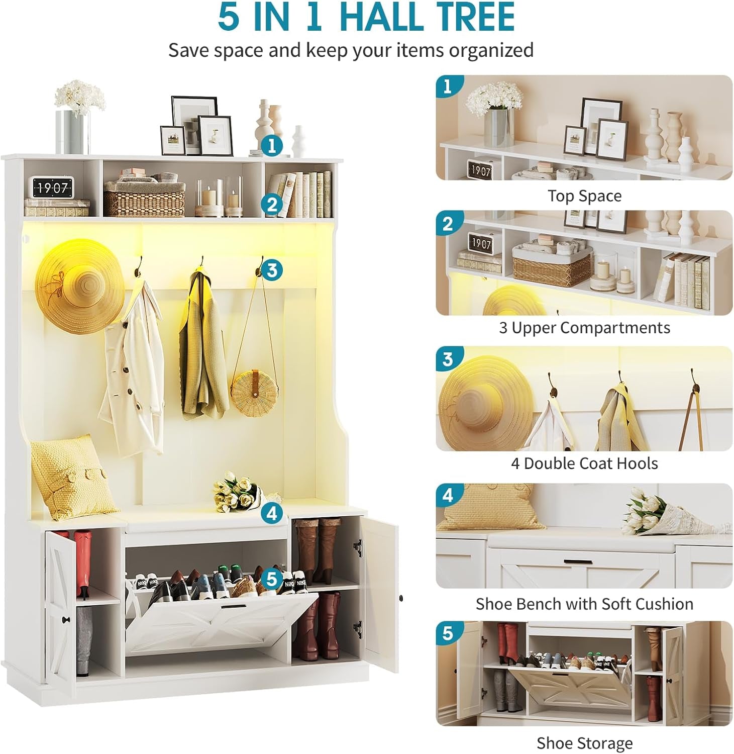 Hall Tree with Bench and Shoe Storage, Coat Rack with Shoe Bench, 6 Shoe Cubbies, 4 Coat Hooks, LED Lights, Entryway Hall Tree, Wood Coat Tree with Soft Cushion for Hallway, Mudroom