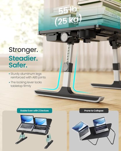 Bed Laptop Desk, Foldable Bed Desk for Laptop, 15.7 X 22 Inches Large Desktop, 120° Stepless Tilt, Adjustable Height, Cup Holder, Tray, Portable Bed Sofa Table, Ink Black ULLD113BC01